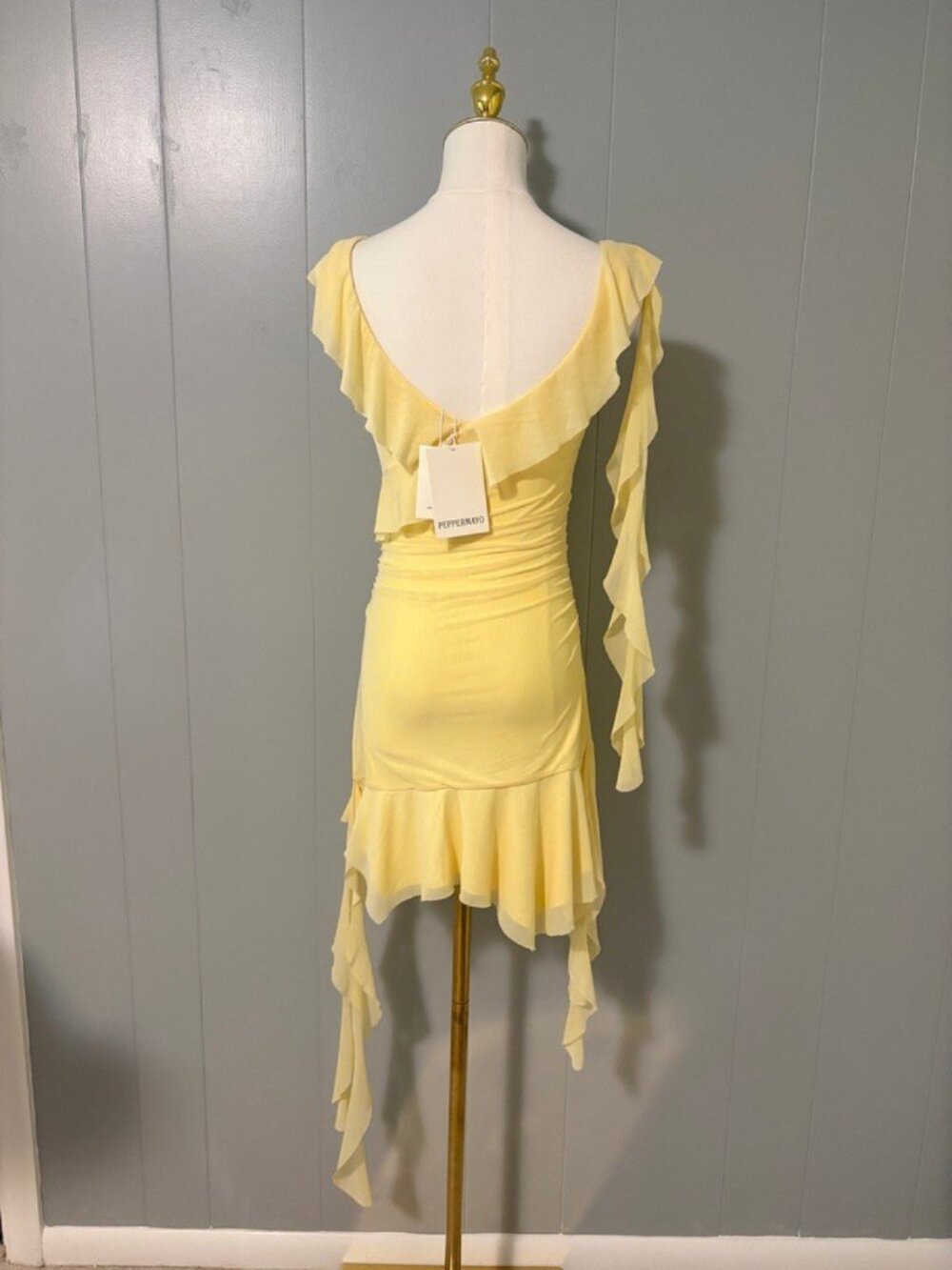 Peppermayo Shona Mini Dress Yellow US 4 Small Ruffle Asymmetric Butter Yellow - Picture 9 of 16